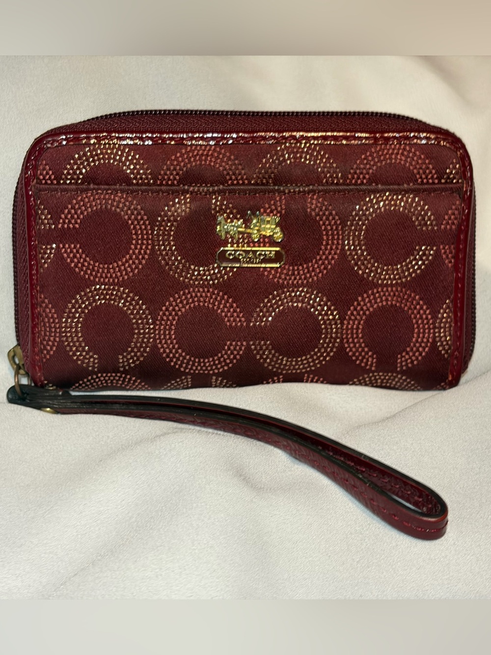 Coach Signature C Burgundy Metallic Jacquard Zip Wristlet Wallet